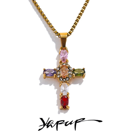 Yhpup Delicate Colorful Bling Cubic Zirconia Cross Pendant Stainless Steel Luxury Necklace High-Grade Fashion Shiny Jewelry Gift